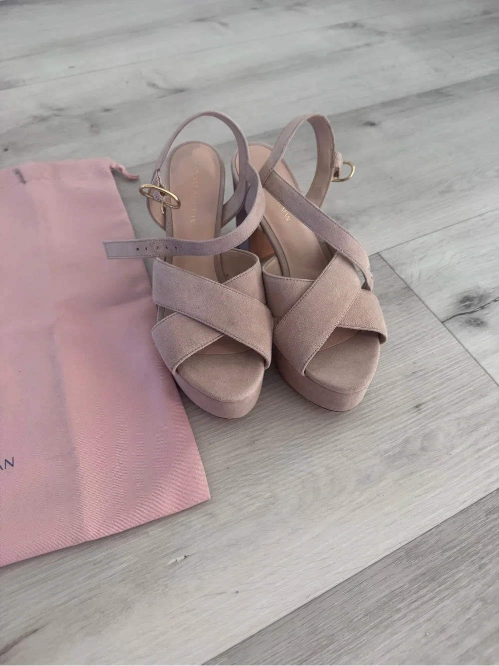 Stuart Weitzman Blush Suede Platform Block Heel Sandals